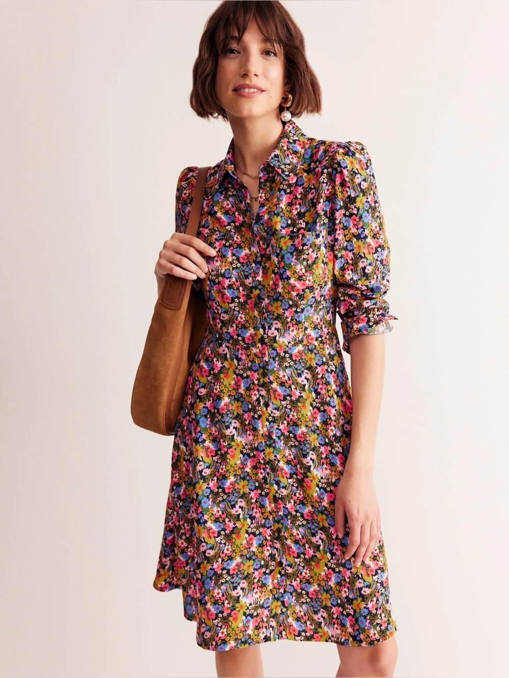 Boden Pocket Detail Shirt Dress Colorful Floral Long Sleeve Pink Size 10